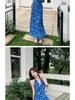 French Blue Floral Halter Maxi Dress for Women - Summer 2026 Petite Elegant Cinched-Waist Long Dress
