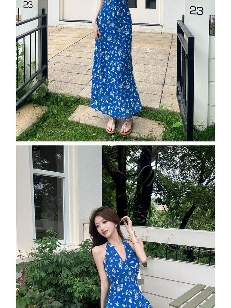 French Blue Floral Halter Maxi Dress for Women - Summer 2026 Petite Elegant Cinched-Waist Long Dress