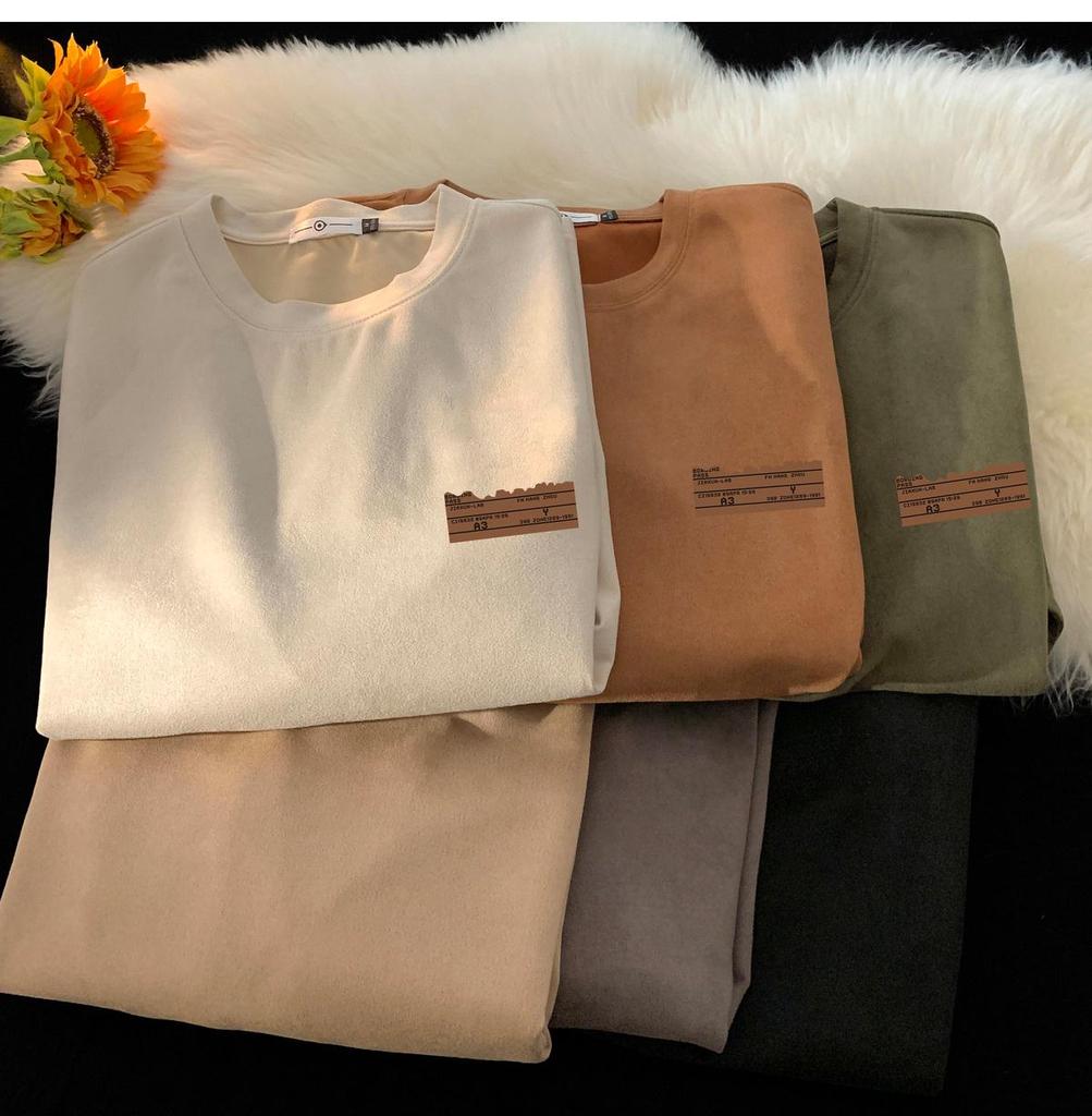 Men's Oversized Brown Suede Retro Round Neck Short-Sleeve T-Shirt