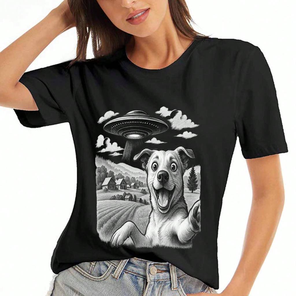 UFO Dog Cotton T Shirt,Pure Cotton Premium Print,Durable,Casual Fashion. Featuring A Cheerful Dog Selfie With A UFO Hovering Above A Rural Landscape,