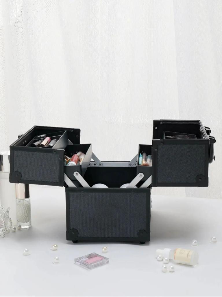 Portable Aluminum Cosmetic Case, Lockable  Professional Makeup Box with Trays