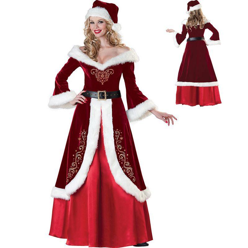 Elegant Red Santa Claus Adult Women's Christmas Costume Dress With Cozy Faux Fur Trim