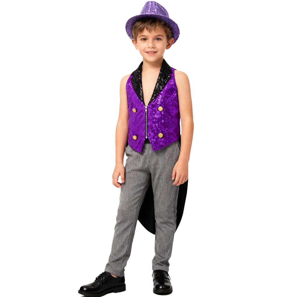 Kids Sequins Medieval Vest Victorian Tailcoat Lapel V Neck Front Zip Vest Solid Sequins Fedora Hat Circus Outfit