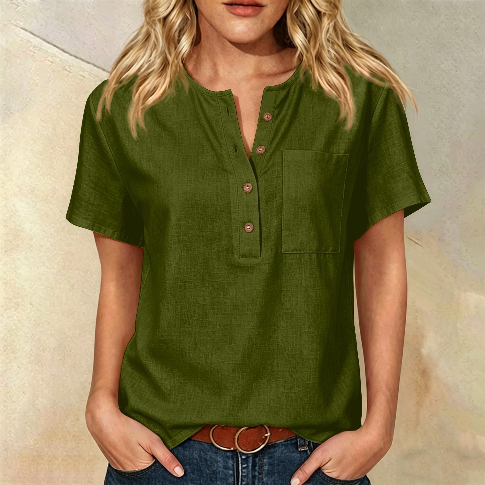 

Women Henley Neck Button Front Short Sleeve Cotton Linen Shirt with Chest Pocket Casual Loose Fit Blouse Top M