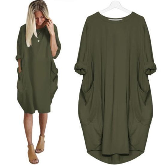 Women Casual Solid Color O Neck Long Sleeve Pockets Knee-length Baggy Dress