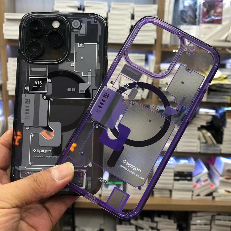 Luxury Spigen Circuit Board Phone Case For iPhone 15 14 13 12 11 Pro Max Plus Magsafe Magnetic Wireless Charging Acrylic Cover