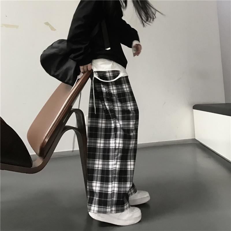 Women's Summer Loose Checkered Wide-Leg Pants - Black & White Plaid, High-Waist, Japanese Style