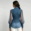 Womens Stand Collar Denim Shirt Mesh Patch Button Fitted Long Sleeve Top