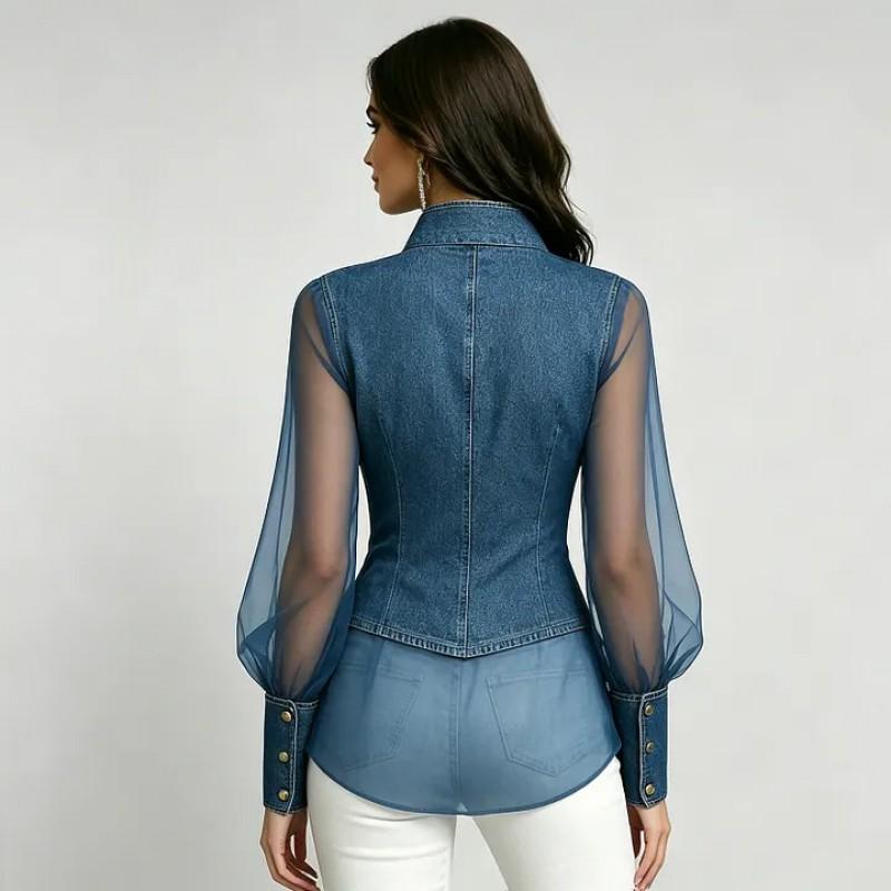 Womens Stand Collar Denim Shirt Mesh Patch Button Fitted Long Sleeve Top