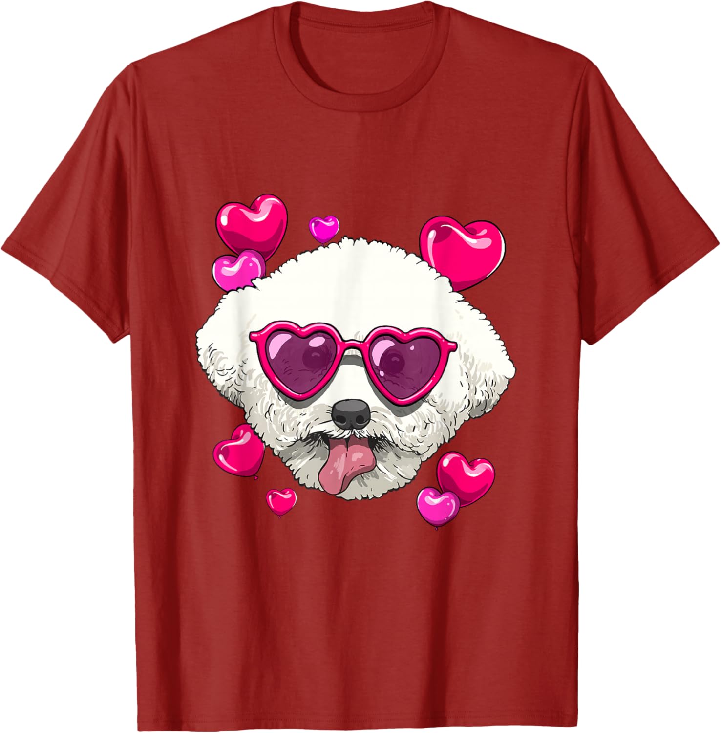 Bichon Frise Dog Heart Sunglasses Valentines Day Graphic Tee Soft Cotton T-Shirt Casual Tops S