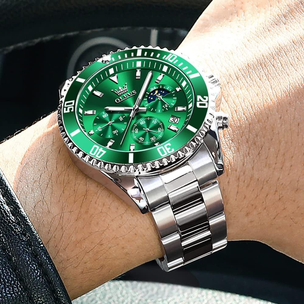 OLEVS Men's Quartz Watch Chronograph Waterproof Luminous Stainless Steel Band Green Wristwatch Business Easy-to-Read