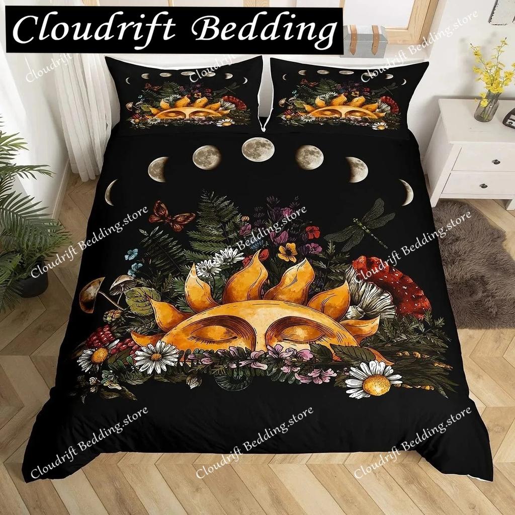 Sun Duvet Cover Colorful Mushrooms Bedding Burning Sun Comforter Cover Halloween Skull Hippie Style Bedding Bedroom Decoration