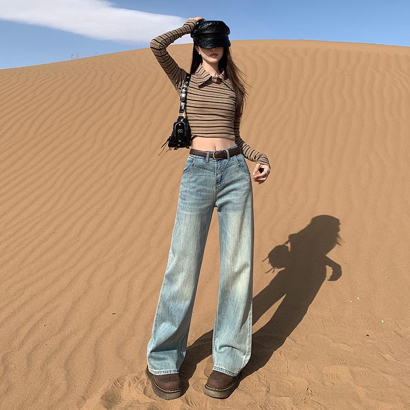 Women's Retro High-Waist Fleece Slim Wide-Leg Jeans - Autumn/Winter 2025 Collection