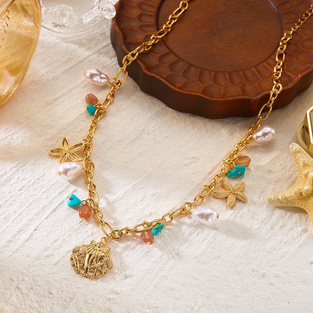 Collar Colgante Océano Multielemento para Mujer Bohemia Concha Estrella de Mar Perla de Imitación Collar de Joyería de Verano de Moda Regalos