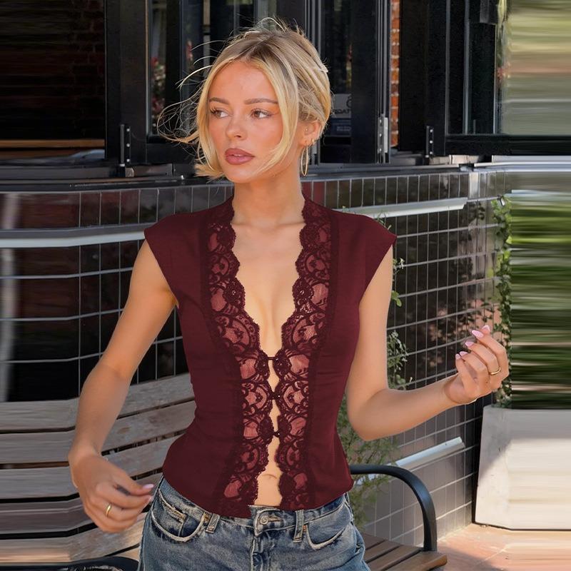 Women Lace Trim V Neck Top Cap Sleeve Form Fitting Casual Solid Color Open Front Blouse