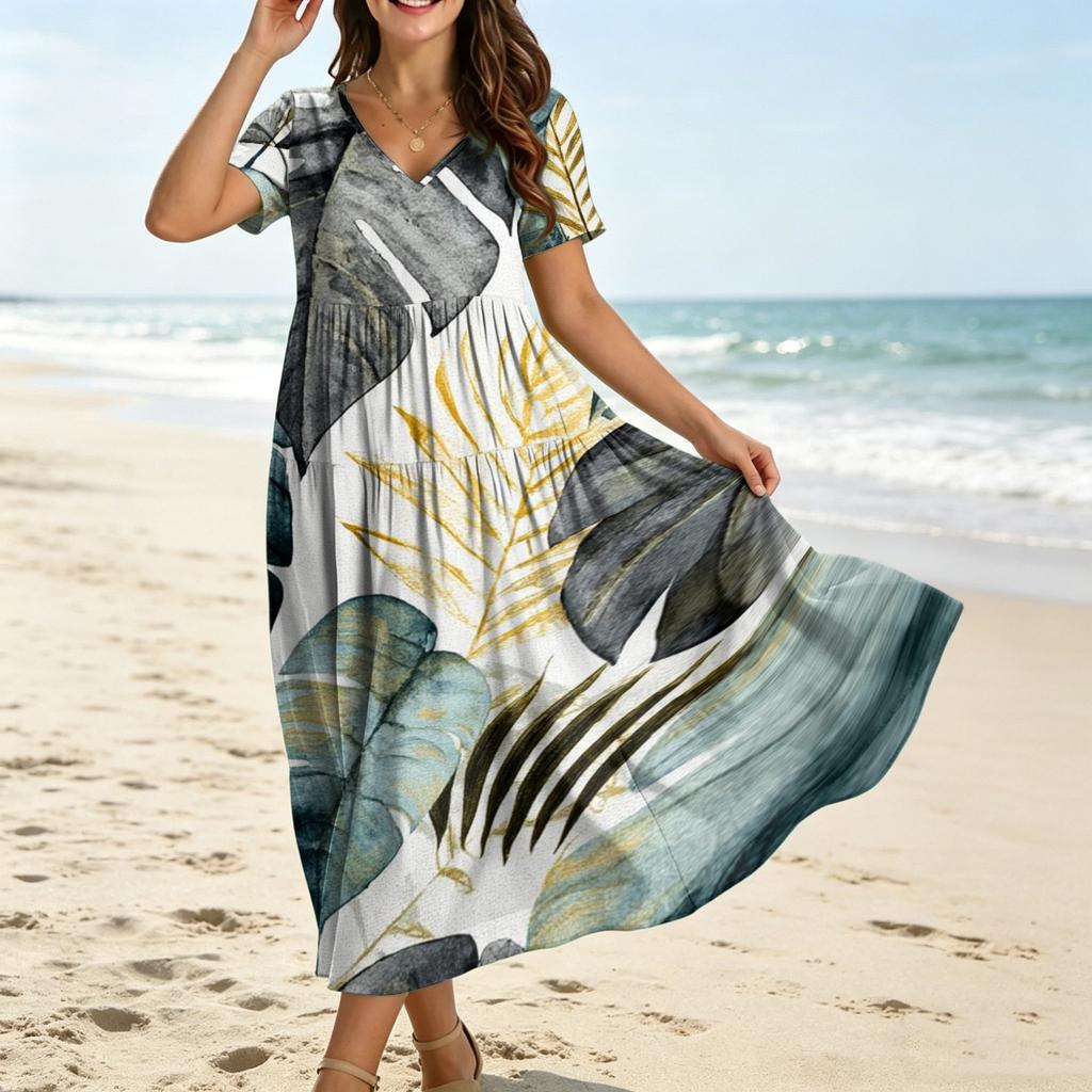 Robe longue à fleurs style bohémien pour femmes, décontractée, ample, manches courtes, longue, Maxi, robe de plage, été