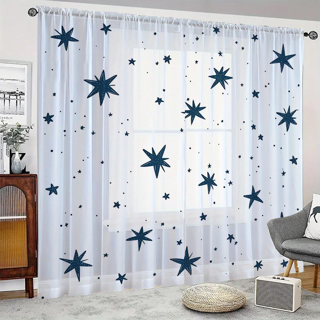2 pieces HD digital Blue pentagram  printed window screen home decor style decoration living room window screening