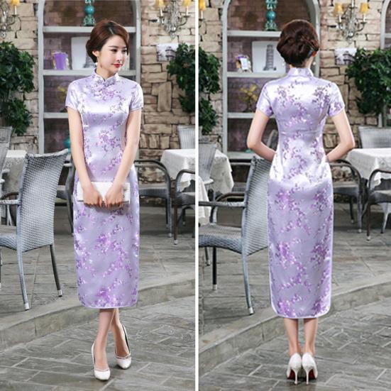 Traditional Chinese Women Long Cheongsam Bridesmaid Short Sleeve Evening Dress
