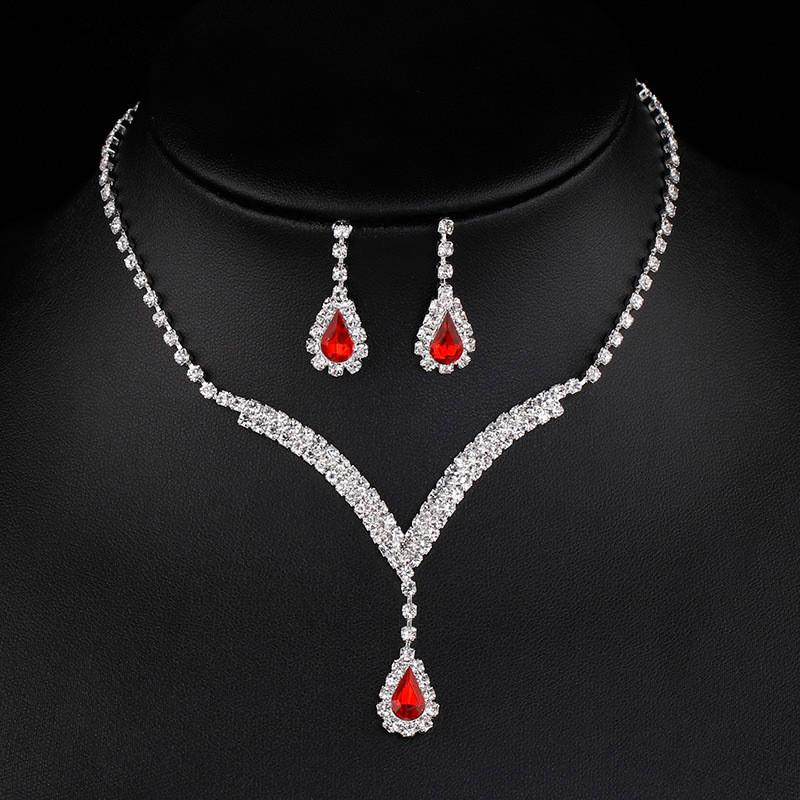 Water Drop Pendant Necklace And Earrings Set With Rhinestones For Elegant Bridal And Formal Wear