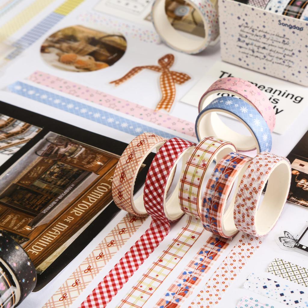 Songdao Narrow Washi 60 Rolls Various Basic Patterns Including and Dots Masking Perfect for and Gift Wrapping 10mm X 2m Tape, Stars, Florals,