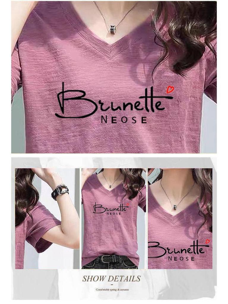 Women's Korean Style Loose Bamboo Cotton V-Neck Printed Half-Sleeve T-Shirt