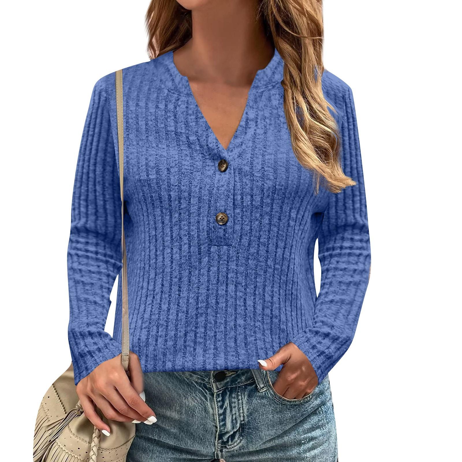 Women s Casual V-Neck Color Chest Button Long Sleeve Top M синий