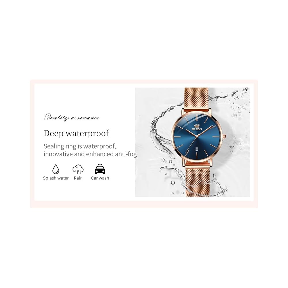 OLEVS Women's Minimalist Casual Watch Rose Gold Leather Band Waterproof Analog Quartz with Date Calendar