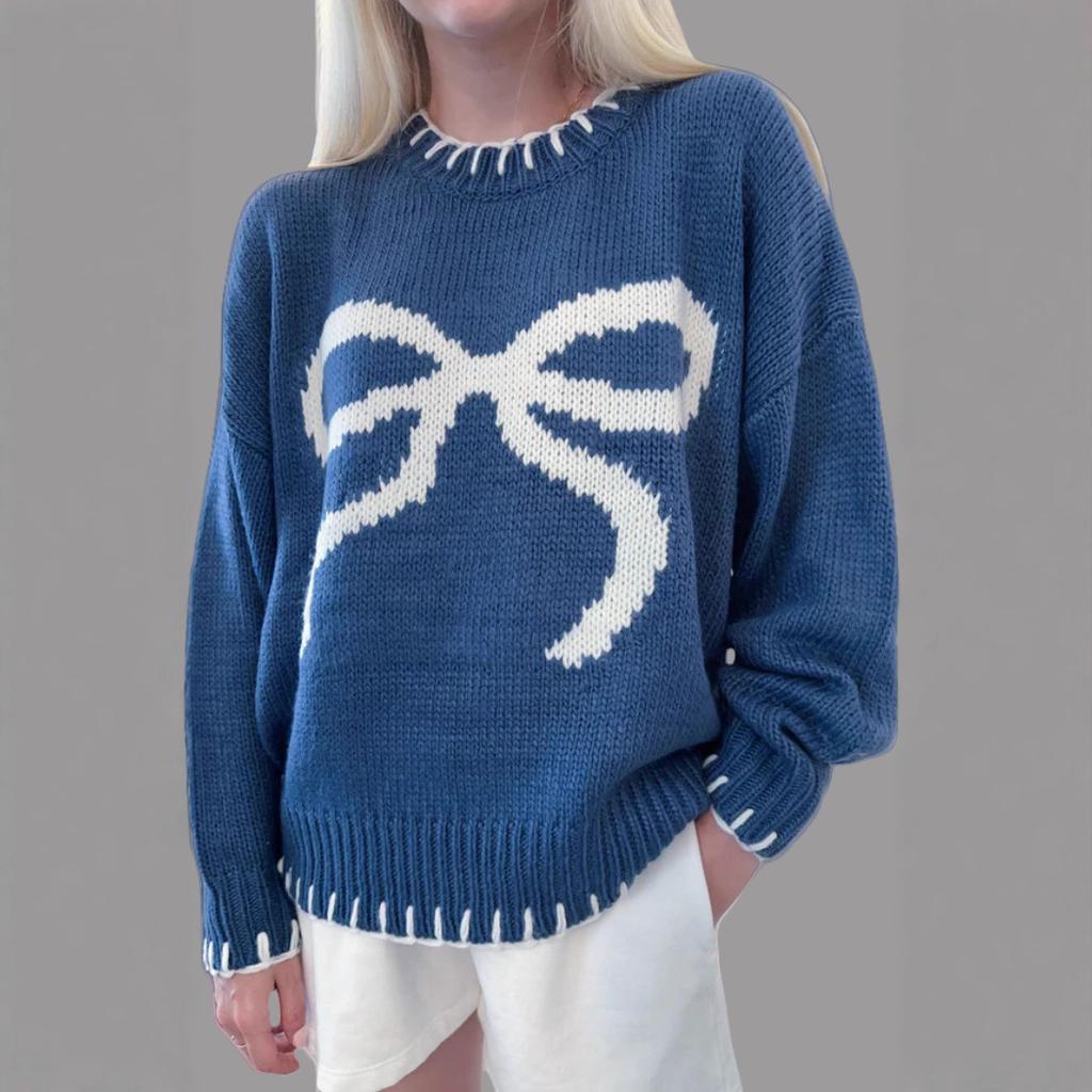 Women's bow-tied jacquard sweater autumn and winter lazy wind loose warm and comfortable jumper knitted sweater