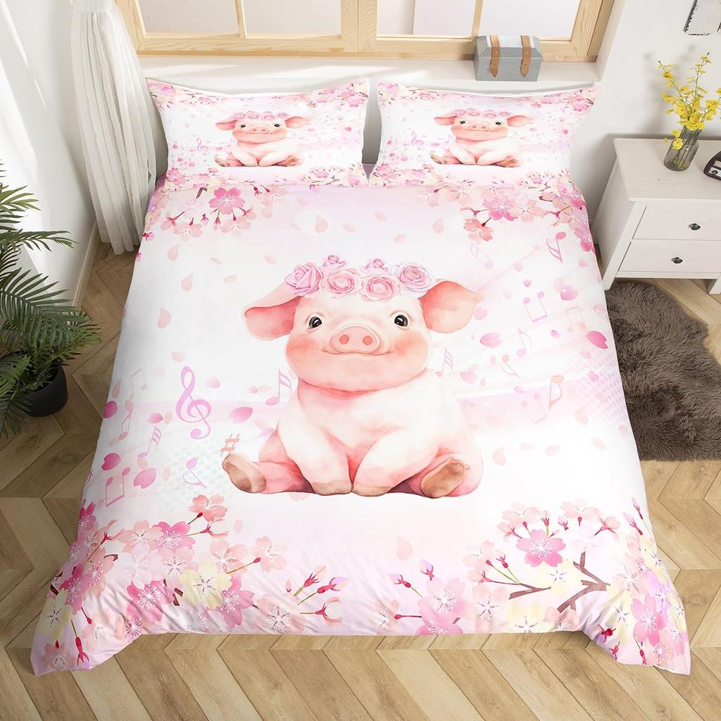 Rozā cūciņas gultas veļas komplekts King Queen Guļošas cūciņas segas pārvalks bērniem, zēniem, meitenēm, Kawaii dzīvnieku segas pārvalks ar 2 spilvendrānām
