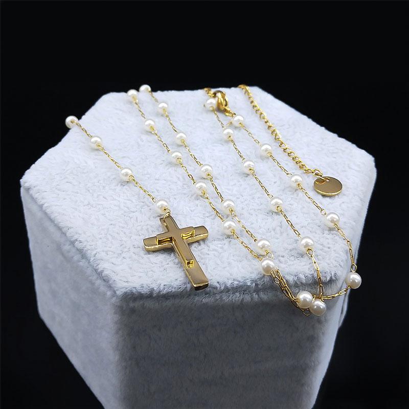 Cross Rosary Catholic Multilayer Necklace Saint Benedict Medal Beads Stainless Steel Silver Color Long Necklaces Jewelry N1172S0