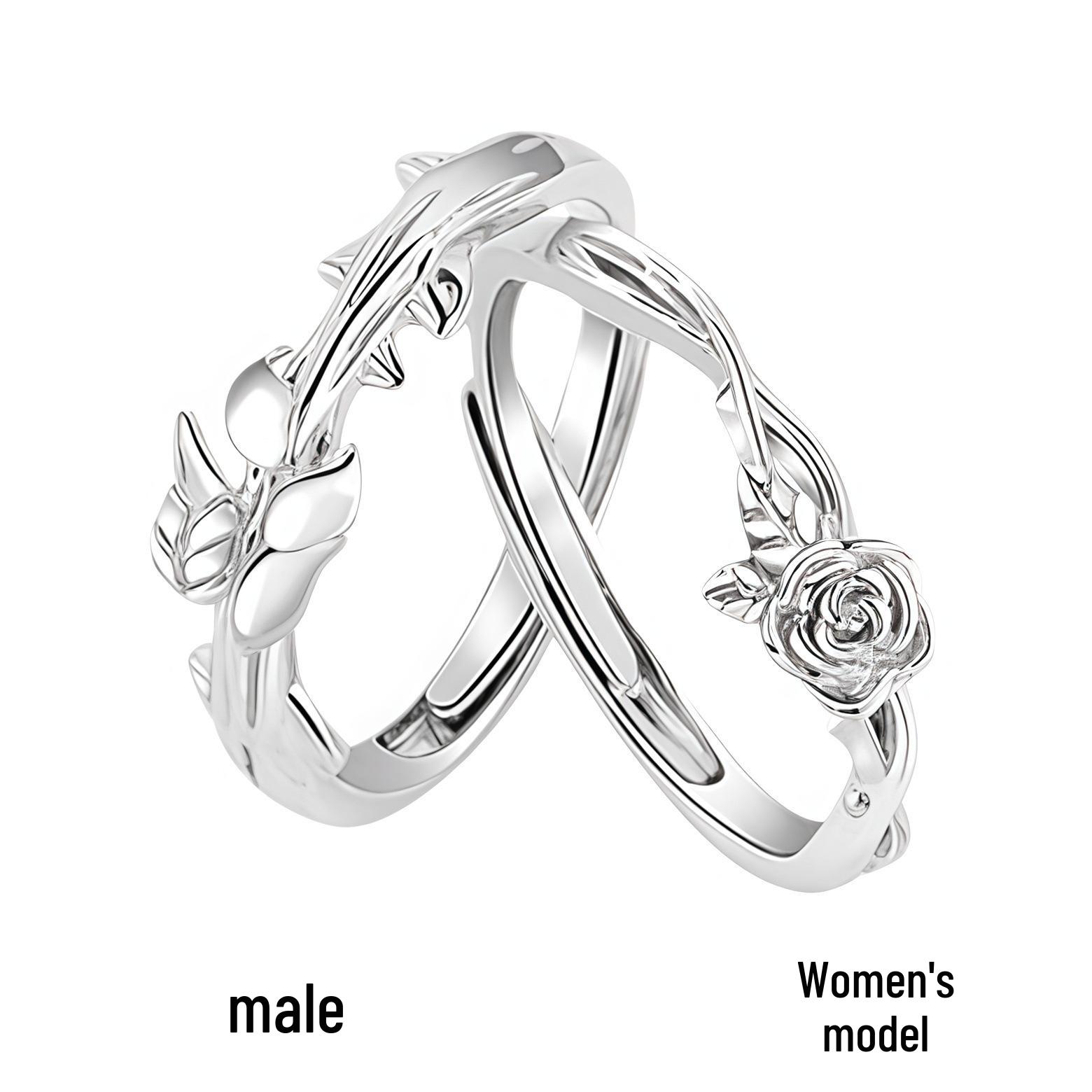 S999 Sterling Silver Wheat & Rose Adjustable Couple Rings - Fashionable, Pure Silver Design S925 Rose Ring (Women s)