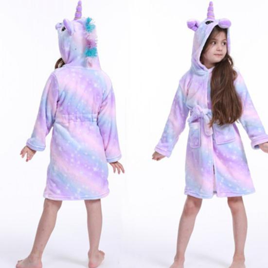 Cute Kids Boys Girls Unicorn Long Sleeve Hooded Pocket Sash Bathrobe