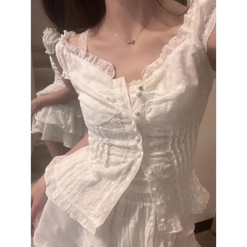 Women s Summer White Lace Ruffled V Neck Sleeveless Crop Blouse S