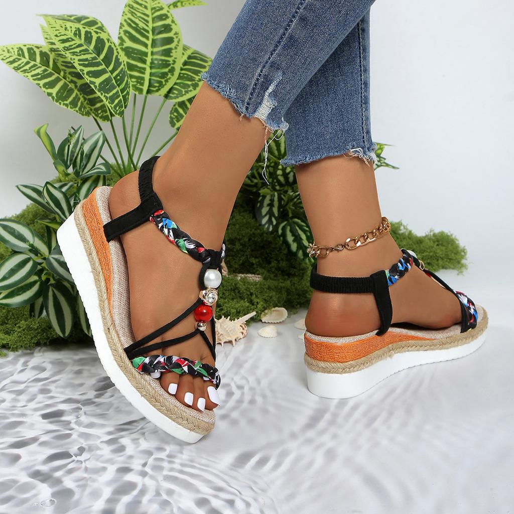 Fashion Handmade Sandal Clogs With Heel Comfort Shoes for Women Large Size Breathable Suit Female Beige Rope Thick High Wedge Big Low 20