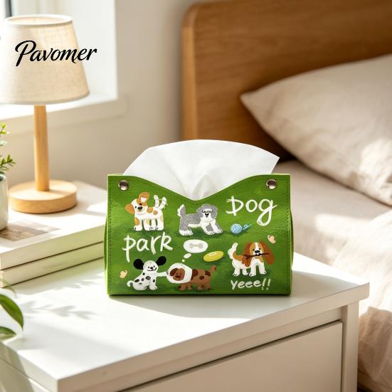 Multipurpose Tissue Bag Leather Box Cover with Cartoon Puppies Pattern, Foldable Desktop Organizer, Napkin Holder Kitchen Paper Storage Case,