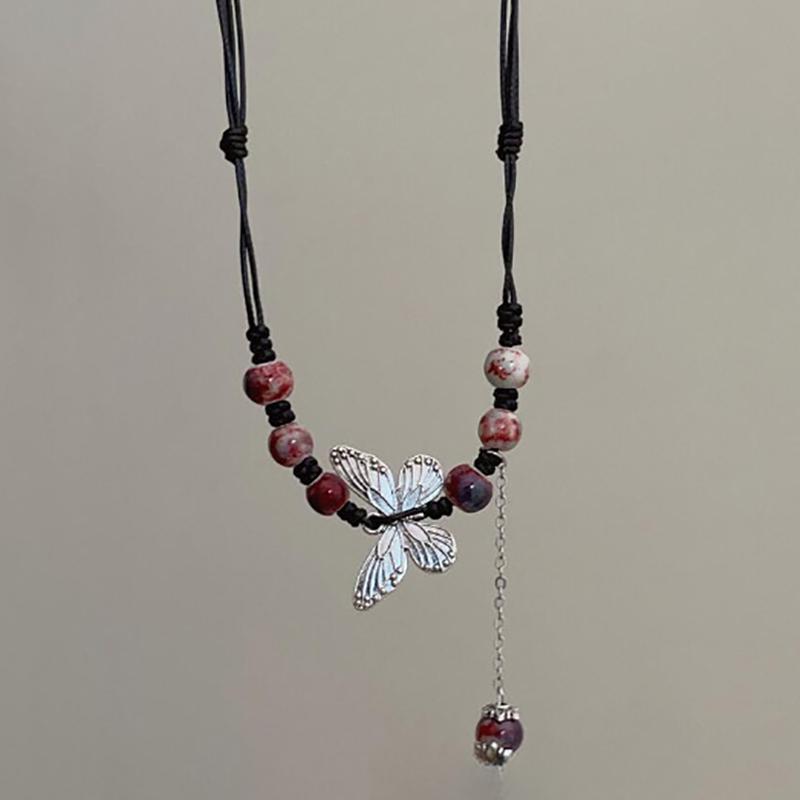Vintage Butterfly Beads Woven Chain Pendant Necklace For Women Charm Aesthetics Elegant Clavicle Chain Chinese Ethnic Jewelry