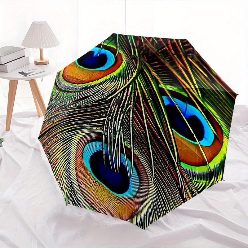 Peacock Feather Theme 8 Bone Hand Automatic Folding Umbrella, Compact and Portable Design, A Perfect Gift for Birthday, Christmas or Busines