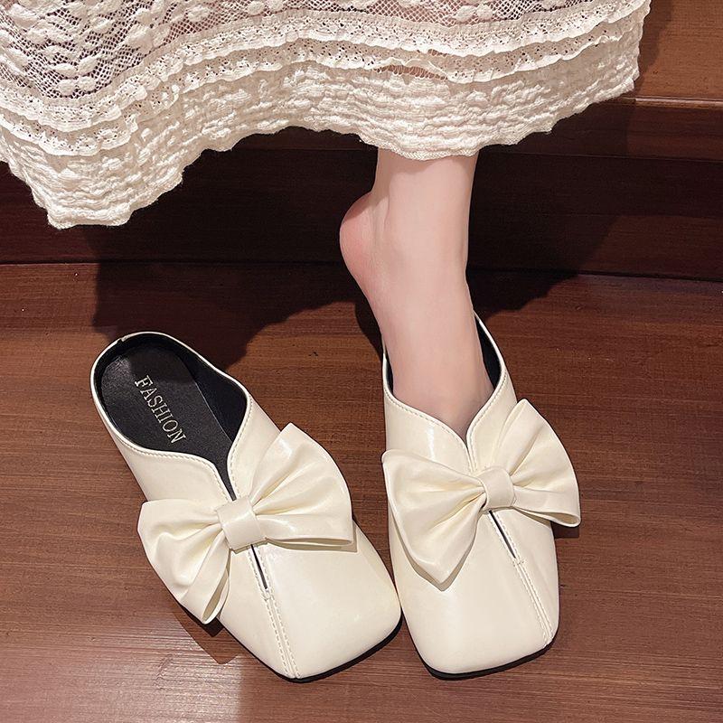 Fashion Shoes for Women Sexy with Bow Flat Woman Mules Slippers Silver Sandals Waterproof Small Size Chic and Elegant Non Slip 39 Slides
