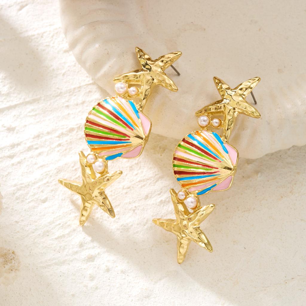 Summer Beach Starfish Shell Pearl Drop Earring for Women Boho Colorful Enamel Ocean Dangle Earring Vacation Jewelry  Accessories