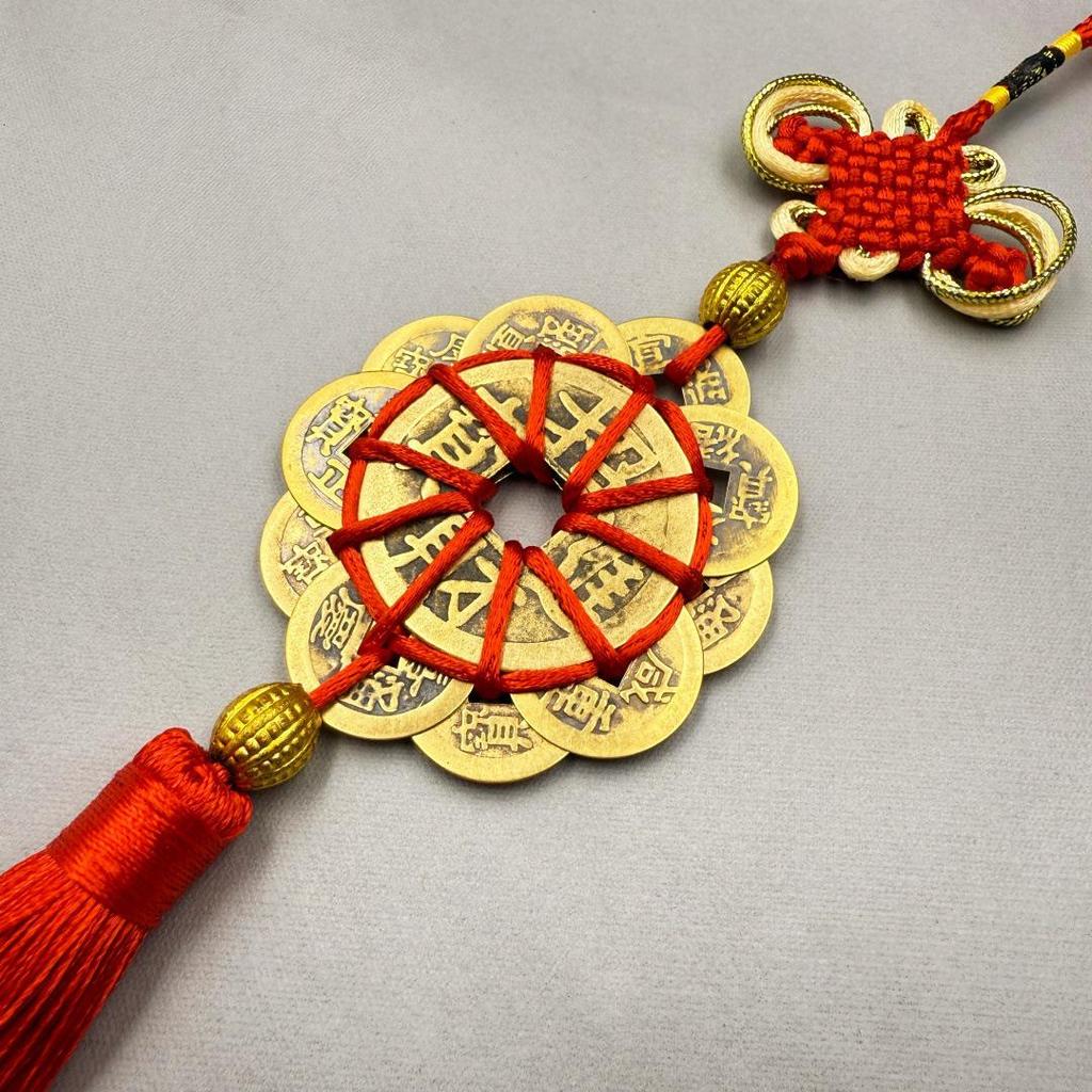Rich & Noble Plum Blossom Ten Emperors Copper Coins Car Pendant - Chinese Knot Wealth & Treasure Gathering Charm