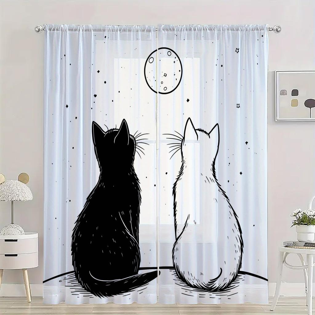 2 Pieces Hd Digital Black And White Kitten Printed Window Screen Home Decor Style Decoration Living Room Window Curtain