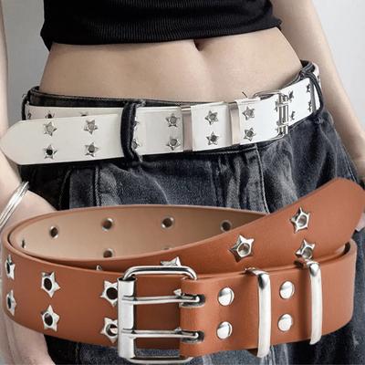 Y2K Retro Hollow Star Rivet PU Leather Jeans Belt for Women Fashion Punk Black White Double Row Belts Waistband Daily Decoration