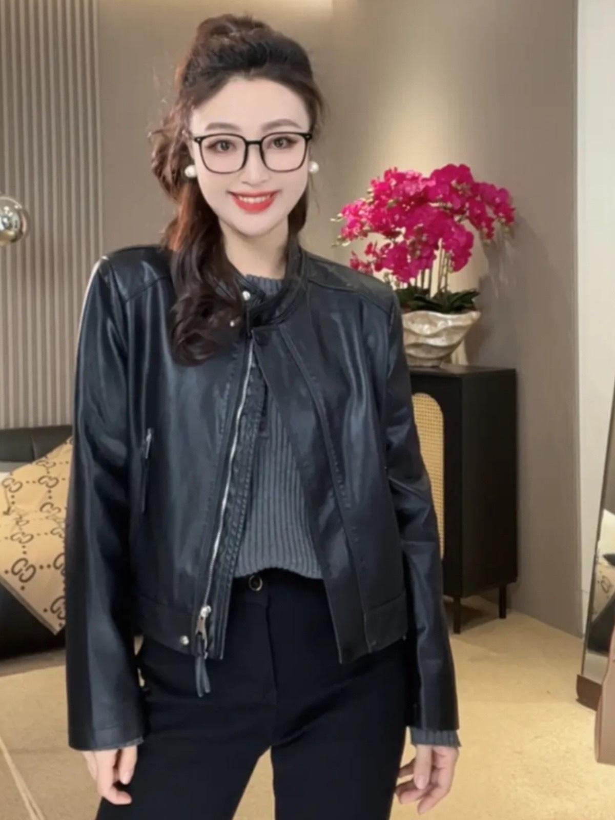 

Кожаная куртка с воротником-стойкой для миниатюрных женщин, модная повседневная верхняя одежда, весна 2025. Size M чёрный