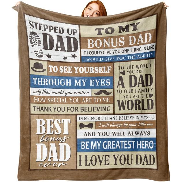 Bonus Dad Gift from Daughter Son Flannel Throw Blanket, for Stepped up Dad, Birthday Ideas for Men, Brown Soft Farmhouse Bedding Sofa Blankets