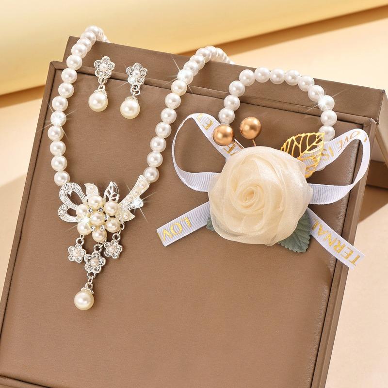 Pearl Bridal Jewelry Set: Necklace, Earrings, and Flower Bracelet