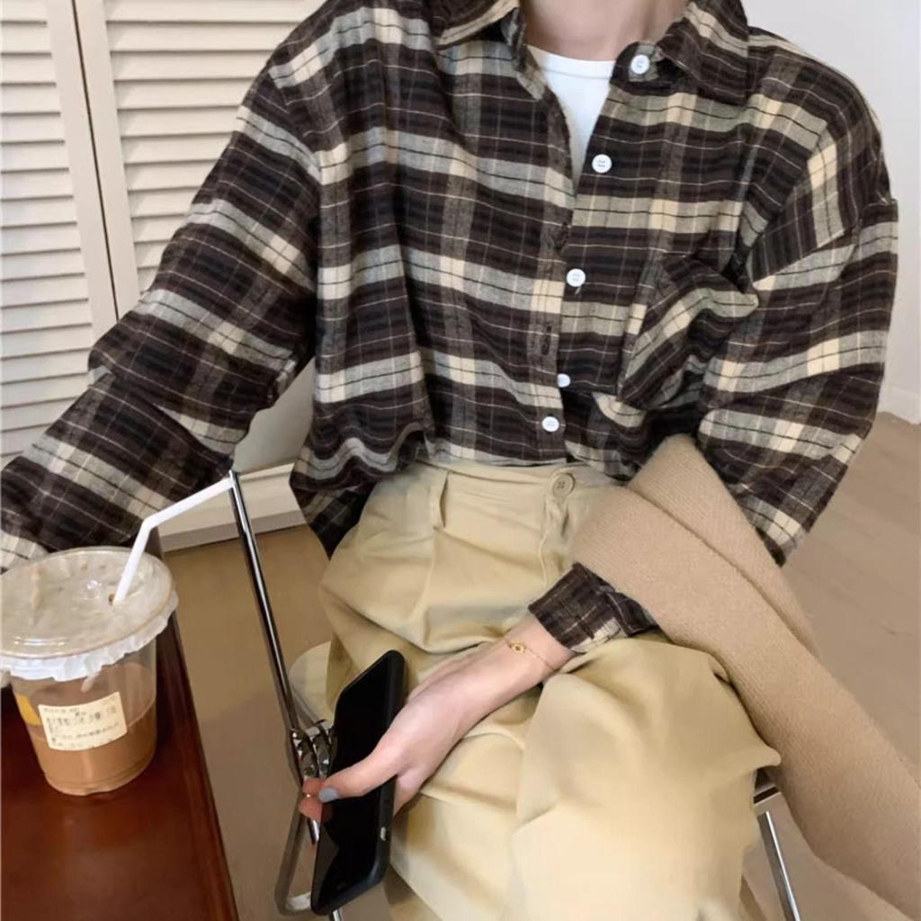 2025 Women's Retro Blue Plaid Shirt Jacket - Loose Fit, Long Sleeve for Spring & Autumn
