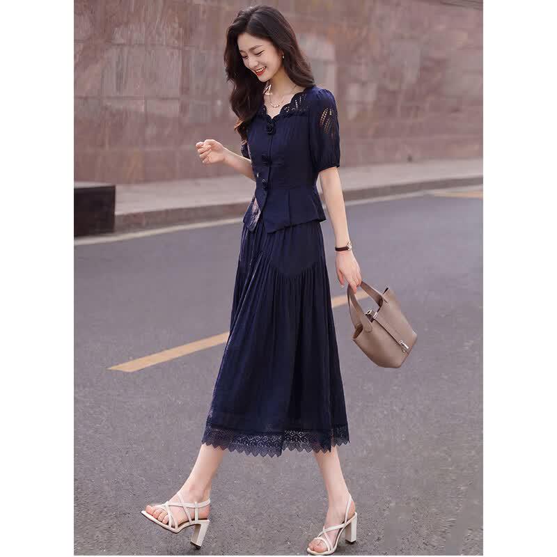 Kebell Women s Elegant Embroidered Two-Piece Skirt Set XL темно-синий