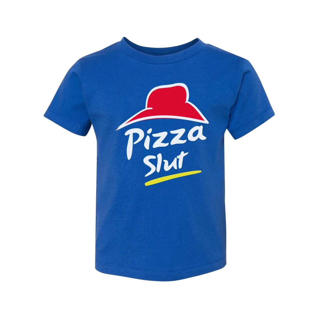 

White Unisex Cotton T Shirt With Red Hat Pizza Slut Graphic And Yellow Brushstro 2XL