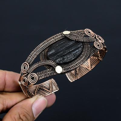 Black Tourmaline Rough Gemstone Pure Copper Wire Wrapped Handmade Cuff/Bangle Jewelry
