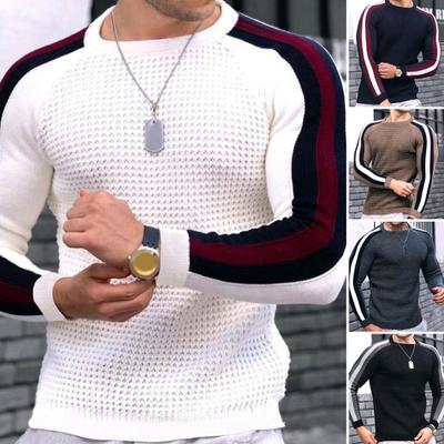 Winter Men Sweater Color Block O-Neck Long Sleeves Knitwear Slim Fit Pullover